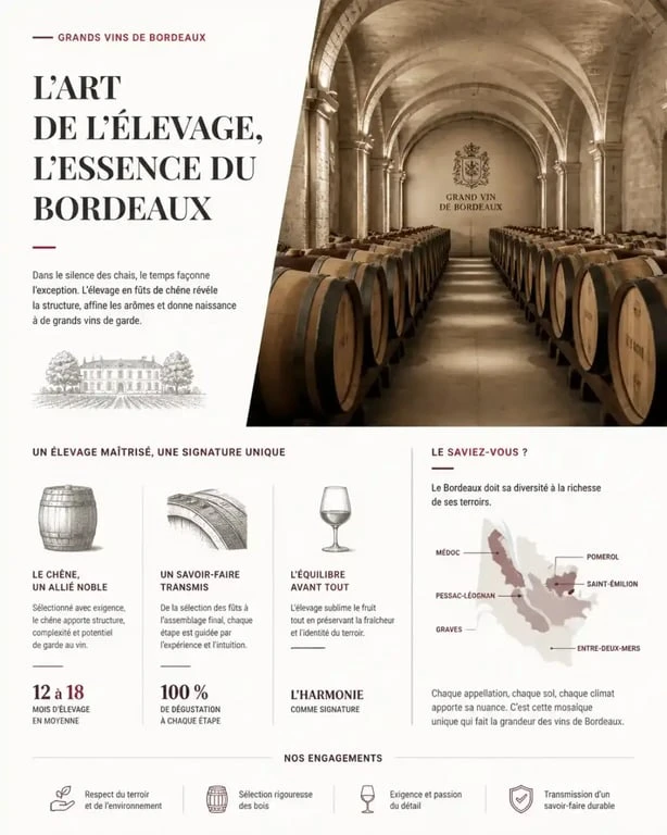 Intérieur d'une cave à vin traditionnelle à Bordeaux, ambiance feutrée et barriques de vieillissement