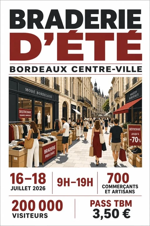 Braderie bordeaux 2026 : visuel éditorial des dates, horaires et informations pratiques du centre-ville