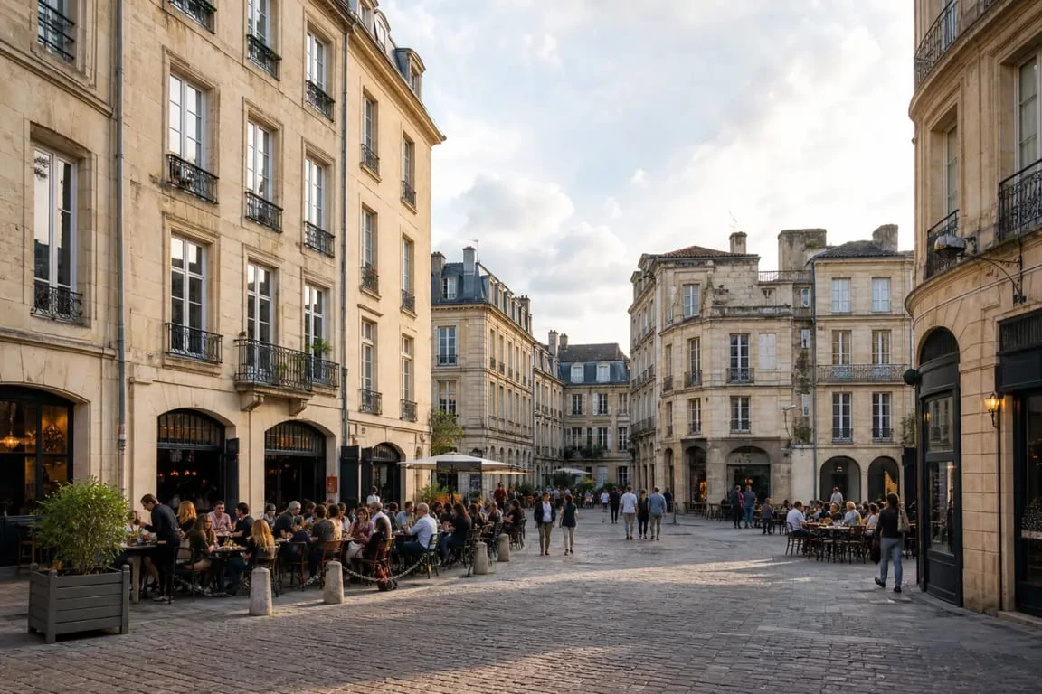Ambiance de la place Fernand-Lafargue dans le quartier saint paul bordeaux, avec terrasses et commerces