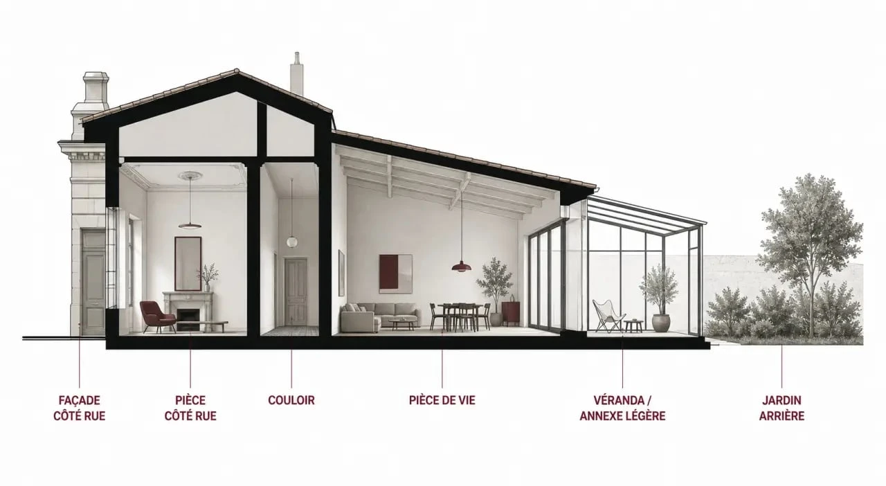 Coupe simplifiée d’une maison bordelaise montrant la profondeur et le jardin arrière