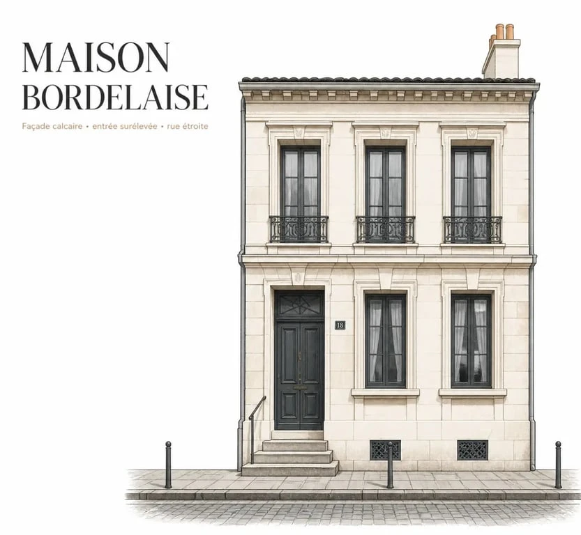 Maison bordelaise typique avec façade en pierre calcaire et marches d’accès