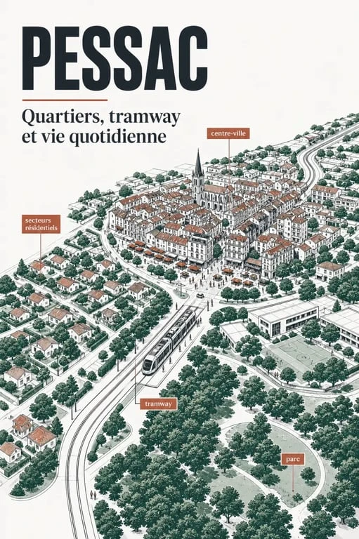 Vue aérienne des quartiers de Pessac entre centre-ville, tramway et zones résidentielles