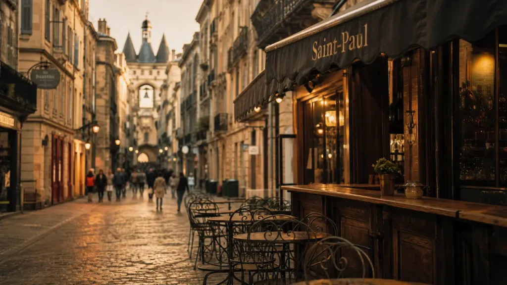Quartier saint paul bordeaux : ruelles vers la Grosse Cloche, terrasses et pierre claire