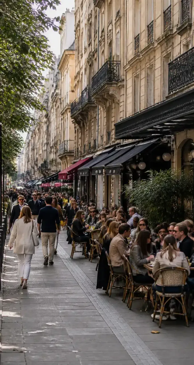 Rue animée du centre de Bordeaux avec terrasse de café