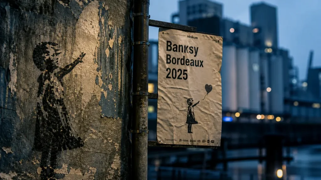 Banksy Bordeaux 2025 à La Cité Bleue, mur pochoir noir et blanc