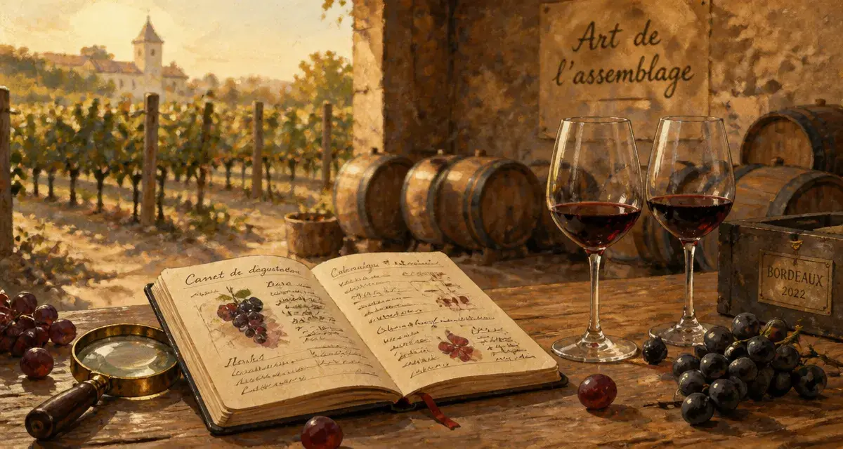 Bordeaux cepage : carnet de dégustation, raisins et vin rouge pour l’assemblage