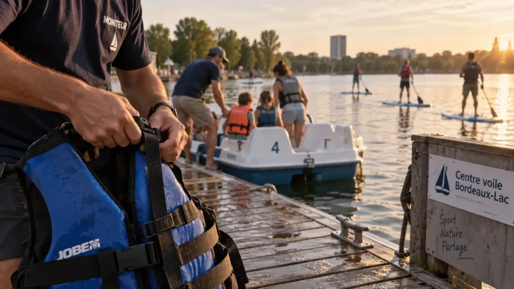 Bordeaux lac activités nautiques : moniteur aide une famille en pédalo et SUP