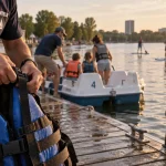 Bordeaux lac activités nautiques : moniteur aide une famille en pédalo et SUP