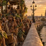carnaval bordeaux 2025 : parade Amazonie au Pont de Pierre, danseurs costumés