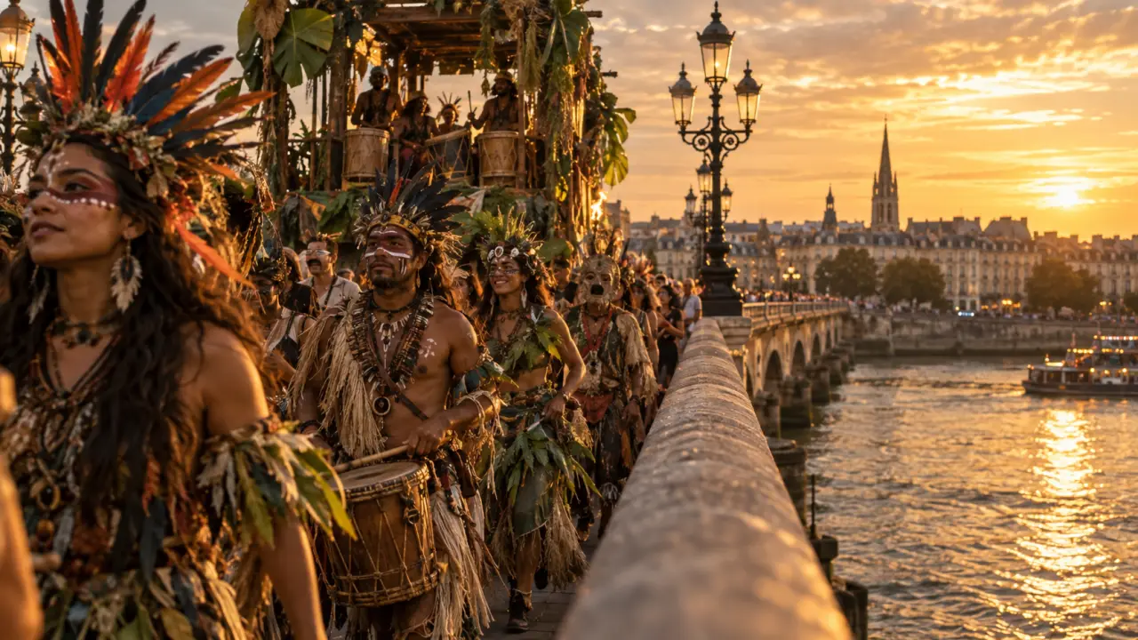 carnaval bordeaux 2025 : parade Amazonie au Pont de Pierre, danseurs costumés