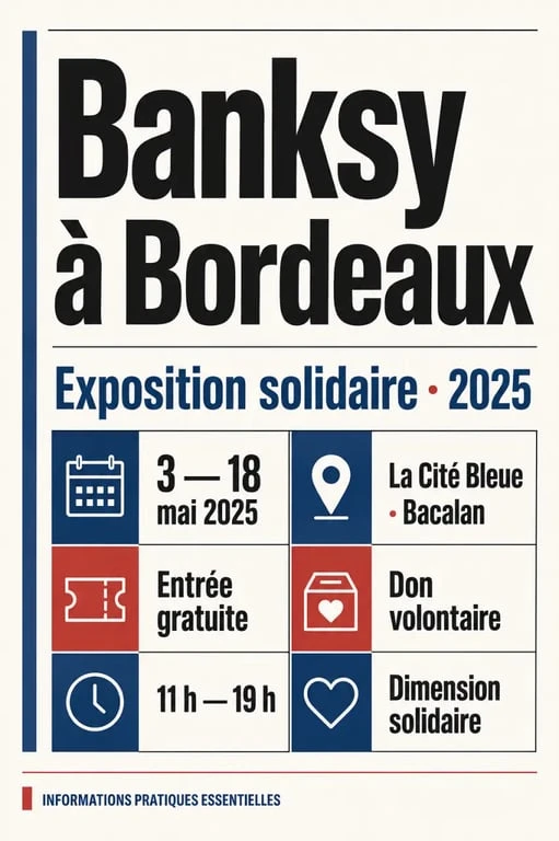 Banksy bordeaux 2025 : affiche éditoriale avec dates, lieu, entrée gratuite et don volontaire