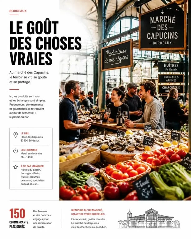 Ambiance vivante et étals de produits frais au quartier des Capucins Bordeaux