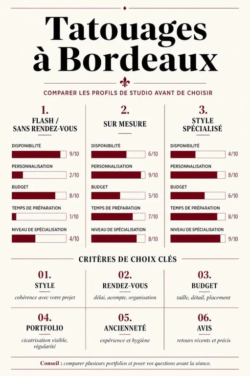 Tatouages bordeaux : infographie comparative des salons, styles, rendez-vous et budget