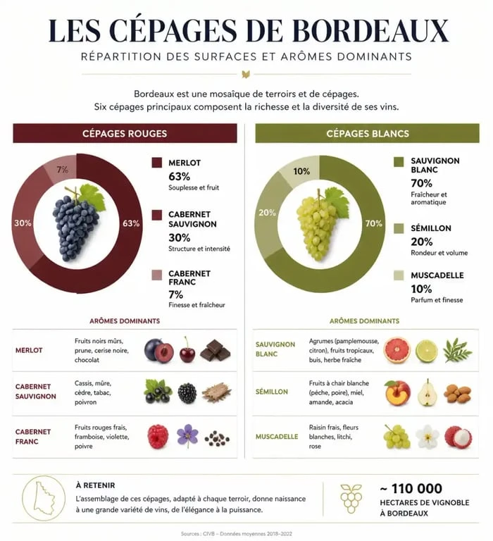 Infographie des cépages de Bordeaux : répartition et caractéristiques aromatiques