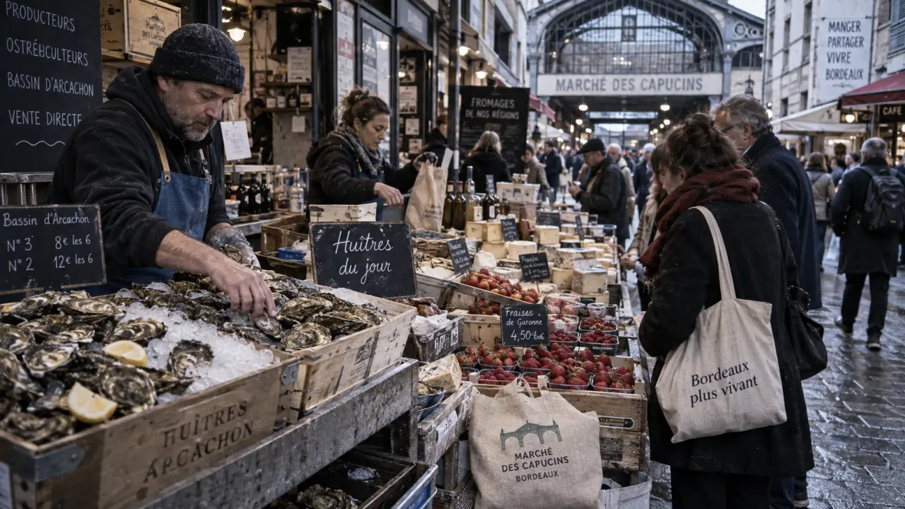 Quartier des capucins bordeaux : marché des capucins, étals et huîtres sur glace