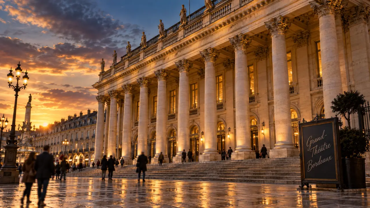 Visiter opera bordeaux : façade à 12 colonnes du Grand-Théâtre à Bordeaux, golden hour