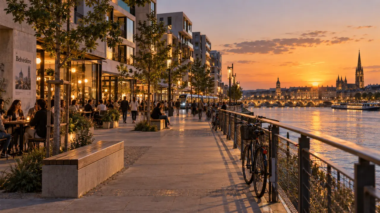 Quartier belvedere bordeaux : quai piéton au coucher du soleil