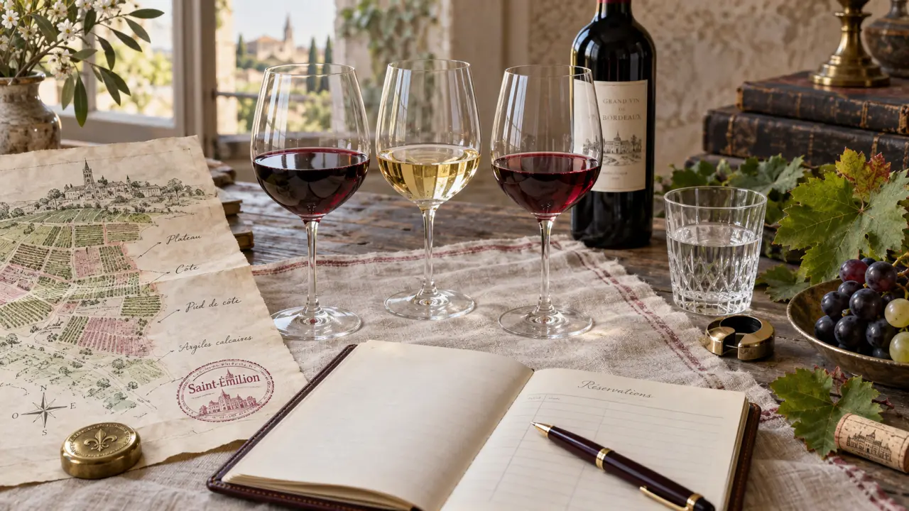Visiter vignoble bordeaux : dégustation Saint-Émilion, Médoc ou Sauternes, verres et carte